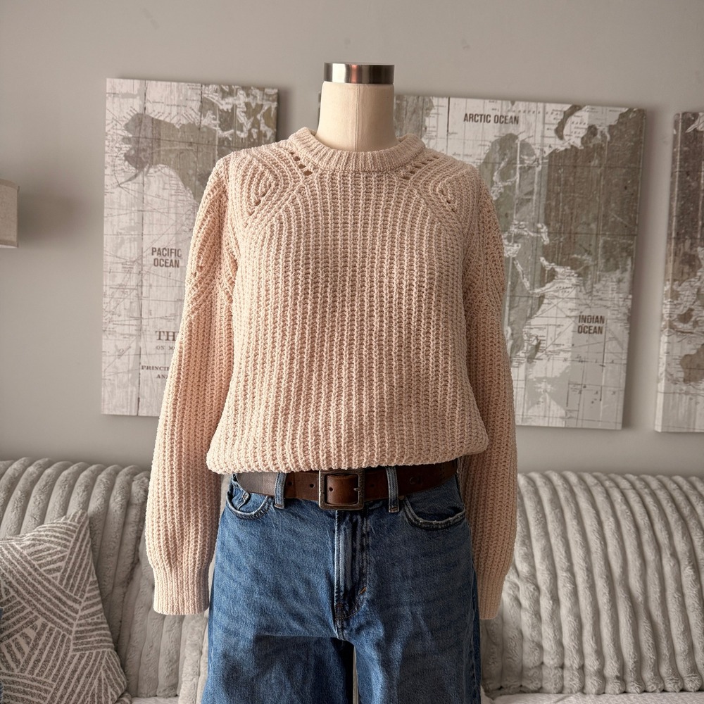 Francesca's Mi Ami Cream Chenille Pointelle Raglan Crewneck Sweater S